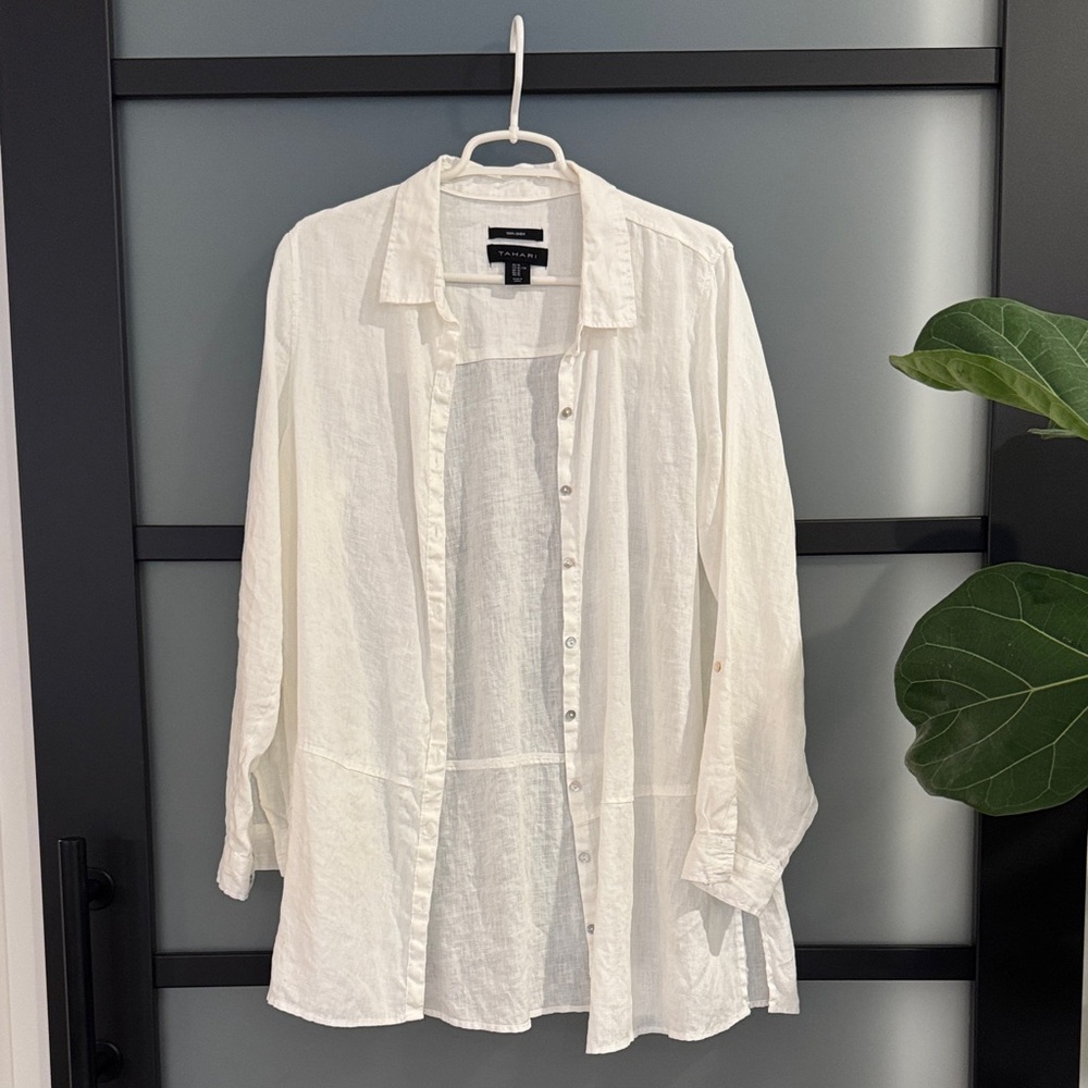 Tahari Long White Linen Button-Up Tunic